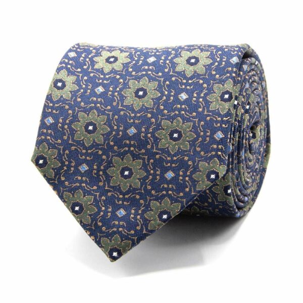 BGENTS Seiden-Jacquard Krawatte in Dunkelblau mit Blüten-Muster in Grün