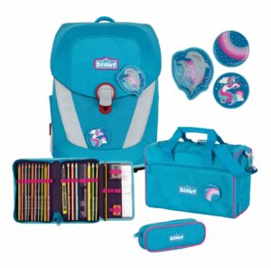 Scout Schulrucksack Sunny II Set 4tlg. Funny Snaps Dolphins Türkis