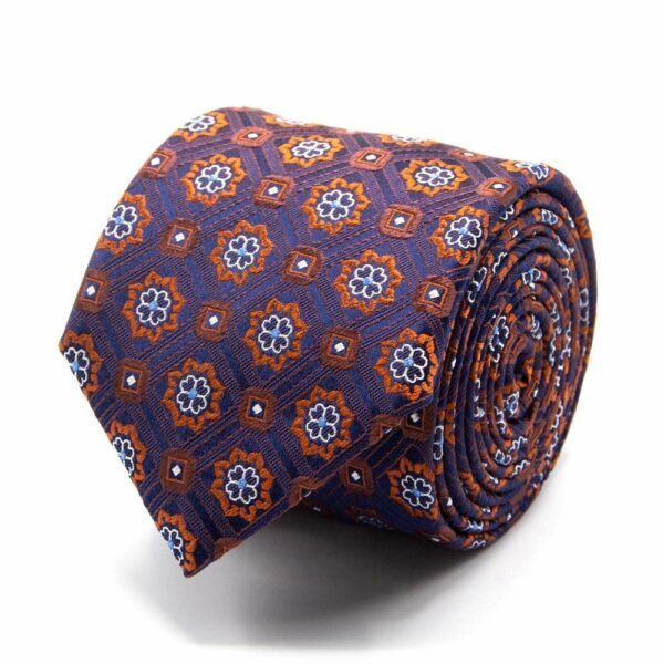 BGENTS Dunkelblaue Seiden-Jacquard Krawatte mit geometrischem Muster in Orange