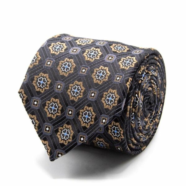 BGENTS Schwarze Seiden-Jacquard Krawatte mit geometrischem Muster in Hellbraun