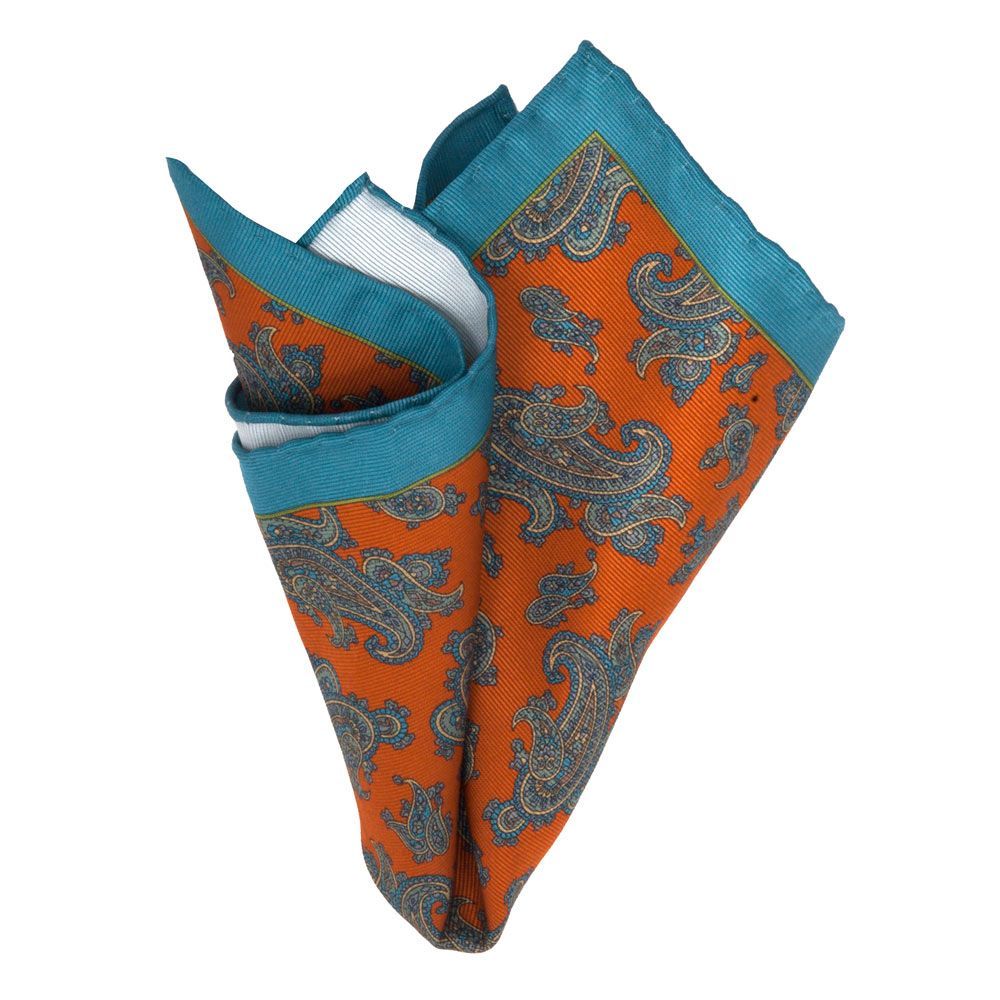 BGENTS Handrolliertes Mogador-Einstecktuch in Orange mit Paisley-Muster