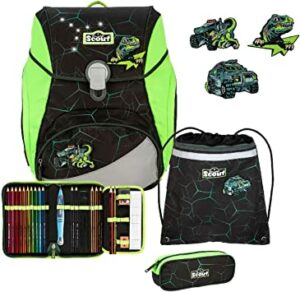 Scout Schulrucksack Exklusiv Alpha Set 4tlg. DIN LED Dino Hunter Grün