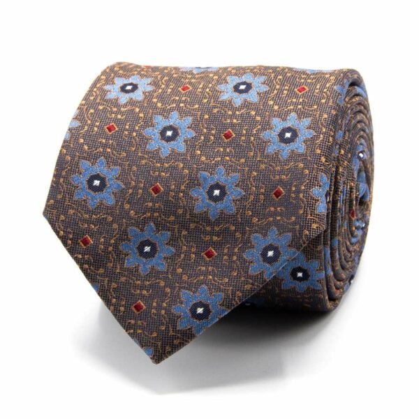 BGENTS Seiden-Jacquard Krawatte in Schokobraun mit Blüten-Muster in Blau