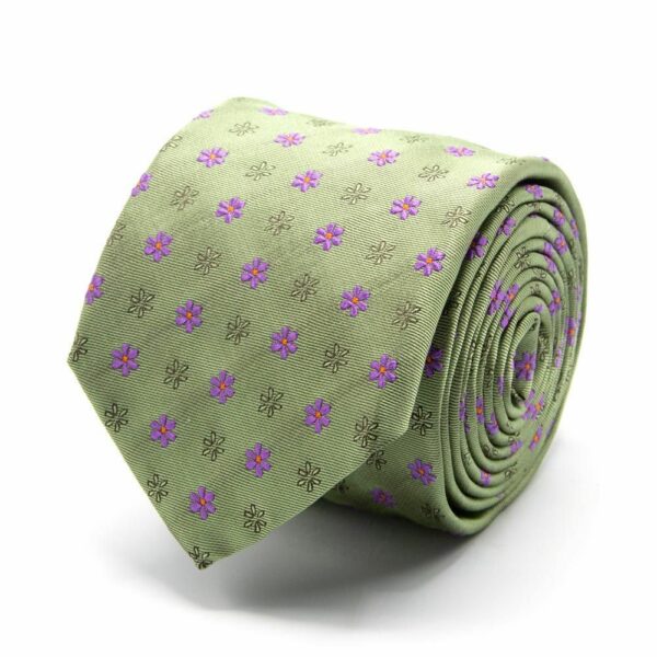 BGENTS Seiden-Jacquard Krawatte in Olive mit lila Blüten-Muster