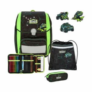 Scout Schulrucksack Exklusiv Genius Set 4 tlg. DIN LED Dino Hunter Schwarz