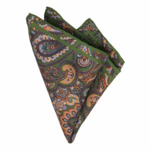 BGENTS Handrolliertes Einstecktuch aus Seiden-Twill in Olive mit Paisley-Muster