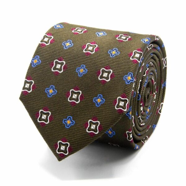 BGENTS Seiden-Jacquard Krawatte in Olive mit geometrischem Muster in Bordeaux un...